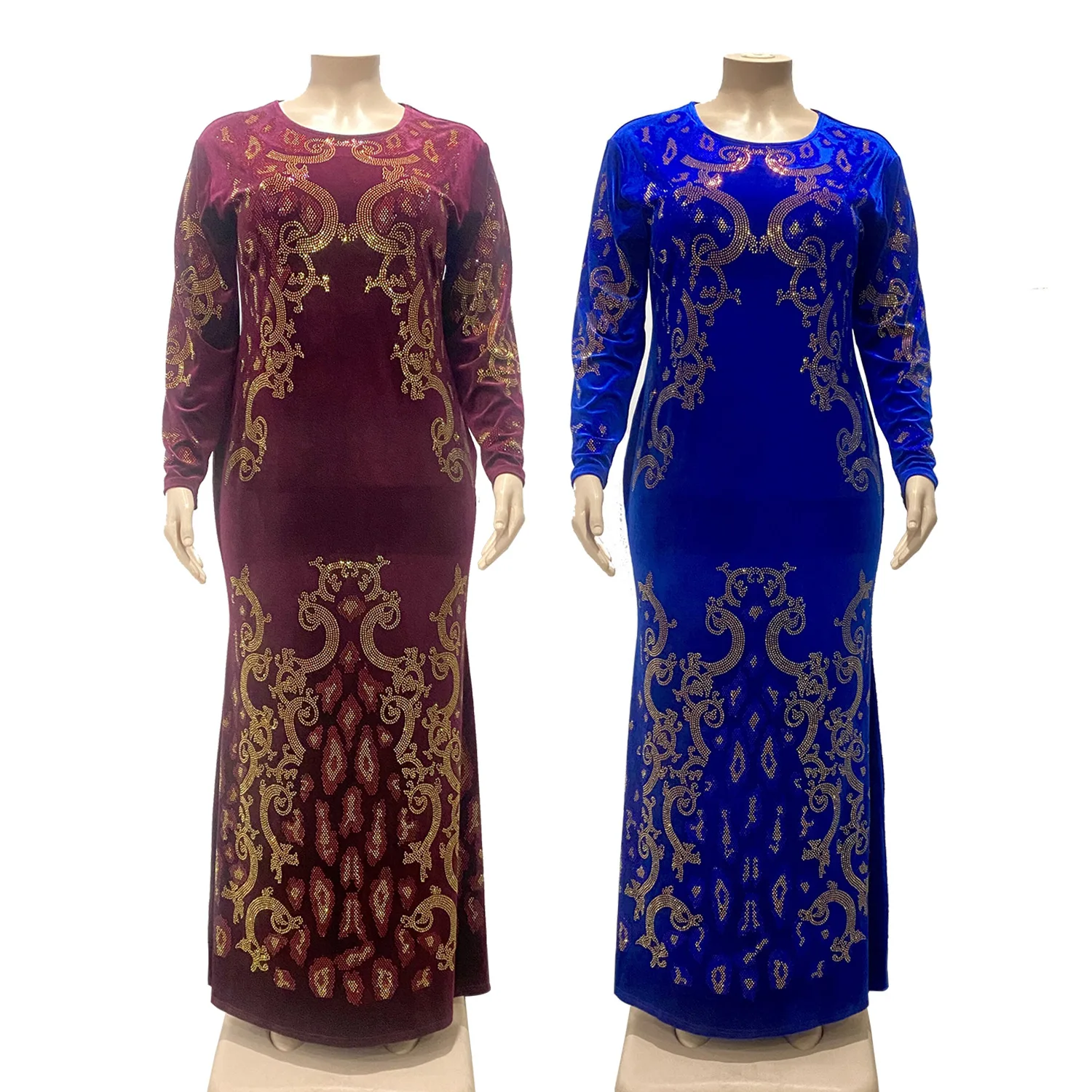 Velvet African Dresses For Women Arab Middle East Muslim Dress Abaya Dubai African Clothes Sequins O Neck Long Sleeve Maxi Dress