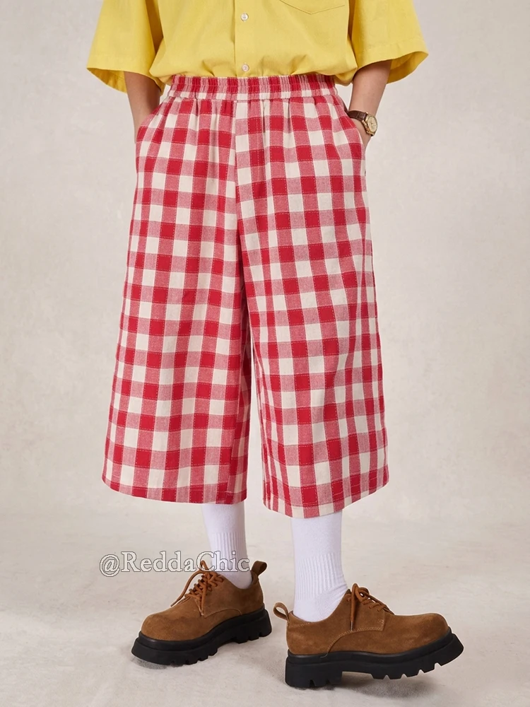 REDDACHiC Plaid Capri Palazzo Pants for Women Unisex Oversize Elastic Waist Pockets Baggy Gingham Culottes Lounge Summer Clothes