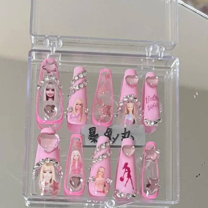 Kawaii Barbie Handmade Nails Patch Stickers Anime Y2K Cartoon Long Coffin Stiletto Wearable Fake Nails Art Manicure Jewelry Gift