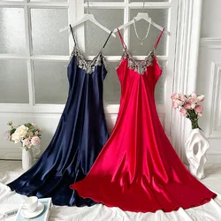 2PCS Backless Suspender Skirt Dress for Women Comfortable Pajamas Summer Solid Silk Satin Imitation Silk Sexy Backless Nightgown