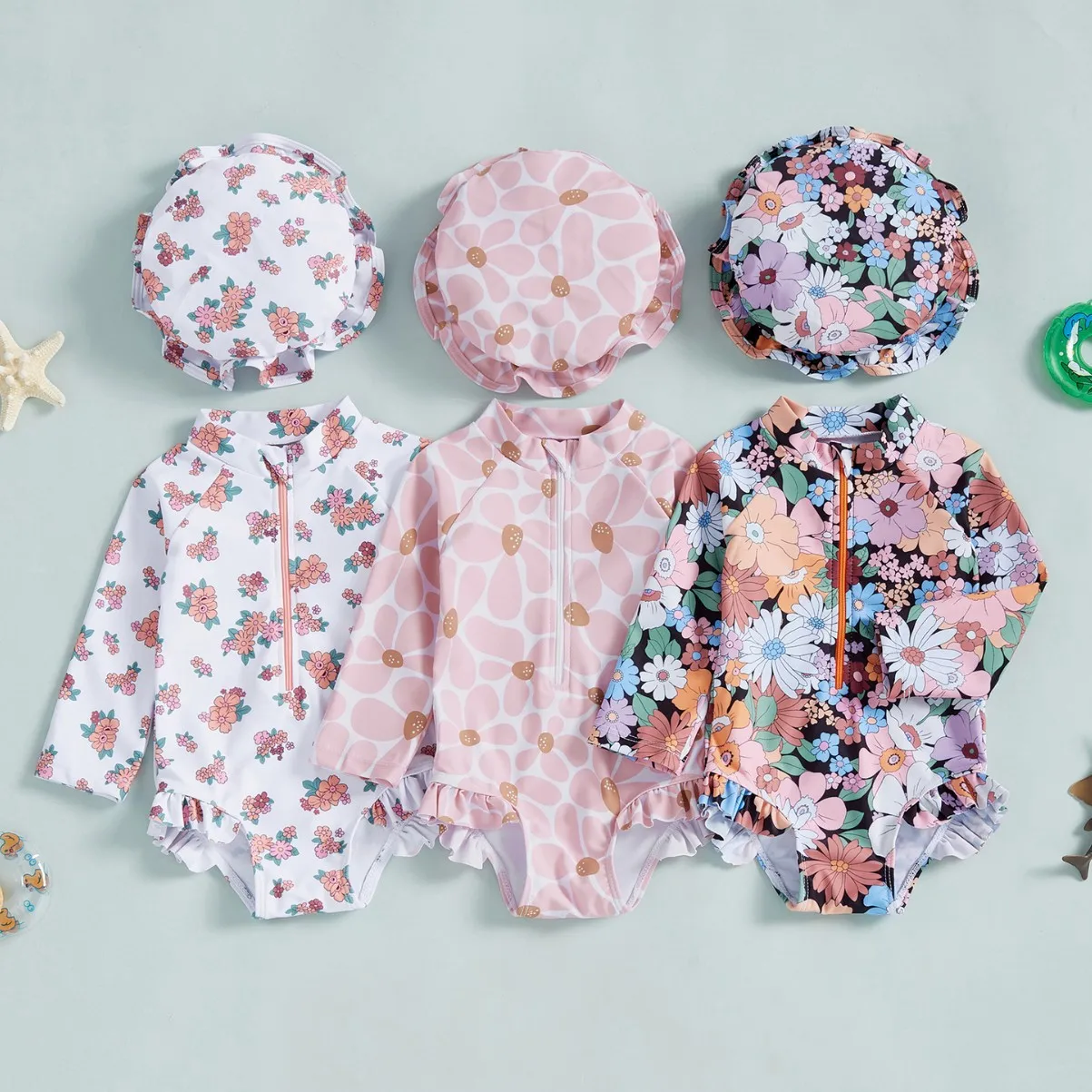 Summer Baby Girls One-piece Swimsuit Kids Cute Floral Print Sun-protective Long Sleeve Quick-Dry Triangle Swimwear Bathing Suit