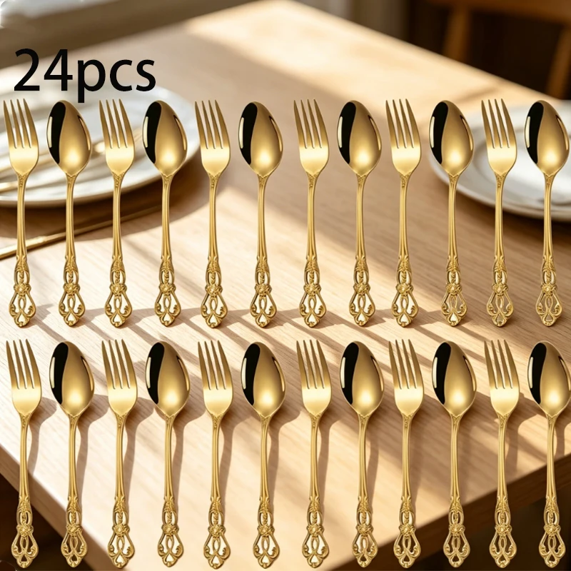 Craft Knife Set - 24 個の宮殿アンティーク彫刻食器セットステンレス鋼スプーンフォーク高級レストラン食器。