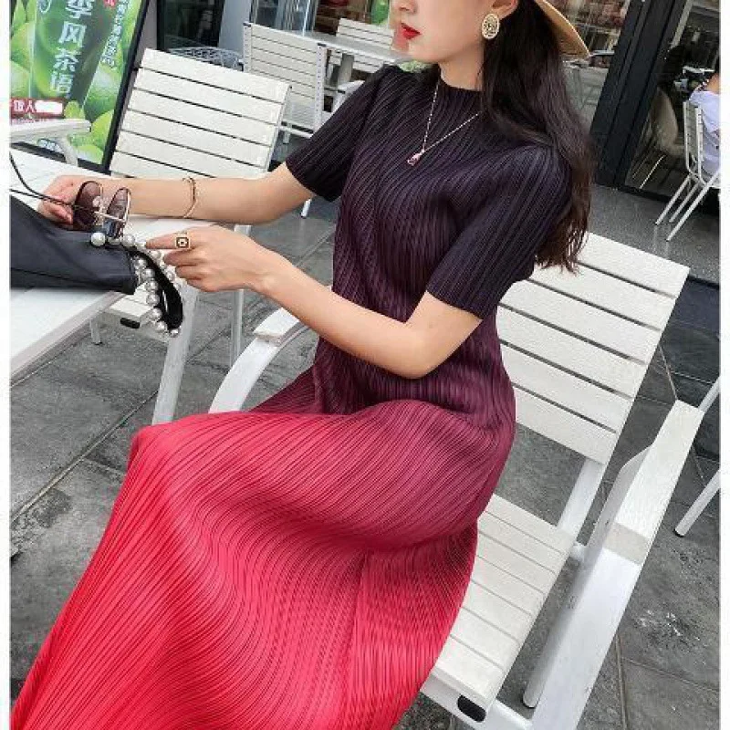 

Pleated Gradient Print Long Dresses Summer New Short Sleeved O-Neck Casual Streetwear Elegant Woman Dress Ankle-Length Vestidos