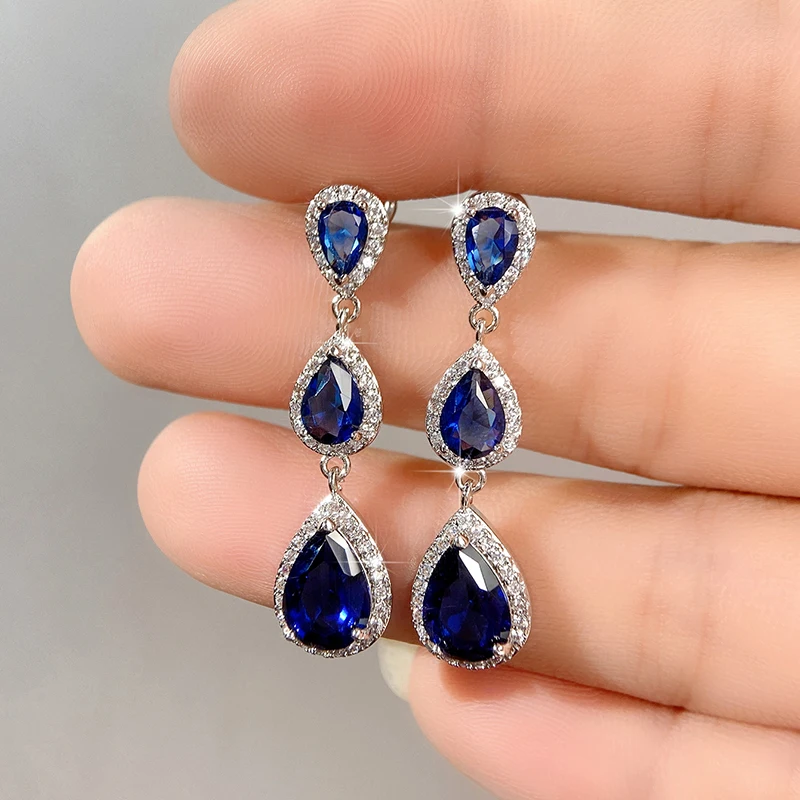 Huitan Blue Cubic Zirconia Dangle Earrings for Women Temperament Engagement Wedding Accessories Anniversary Gift Fashion Jewelry