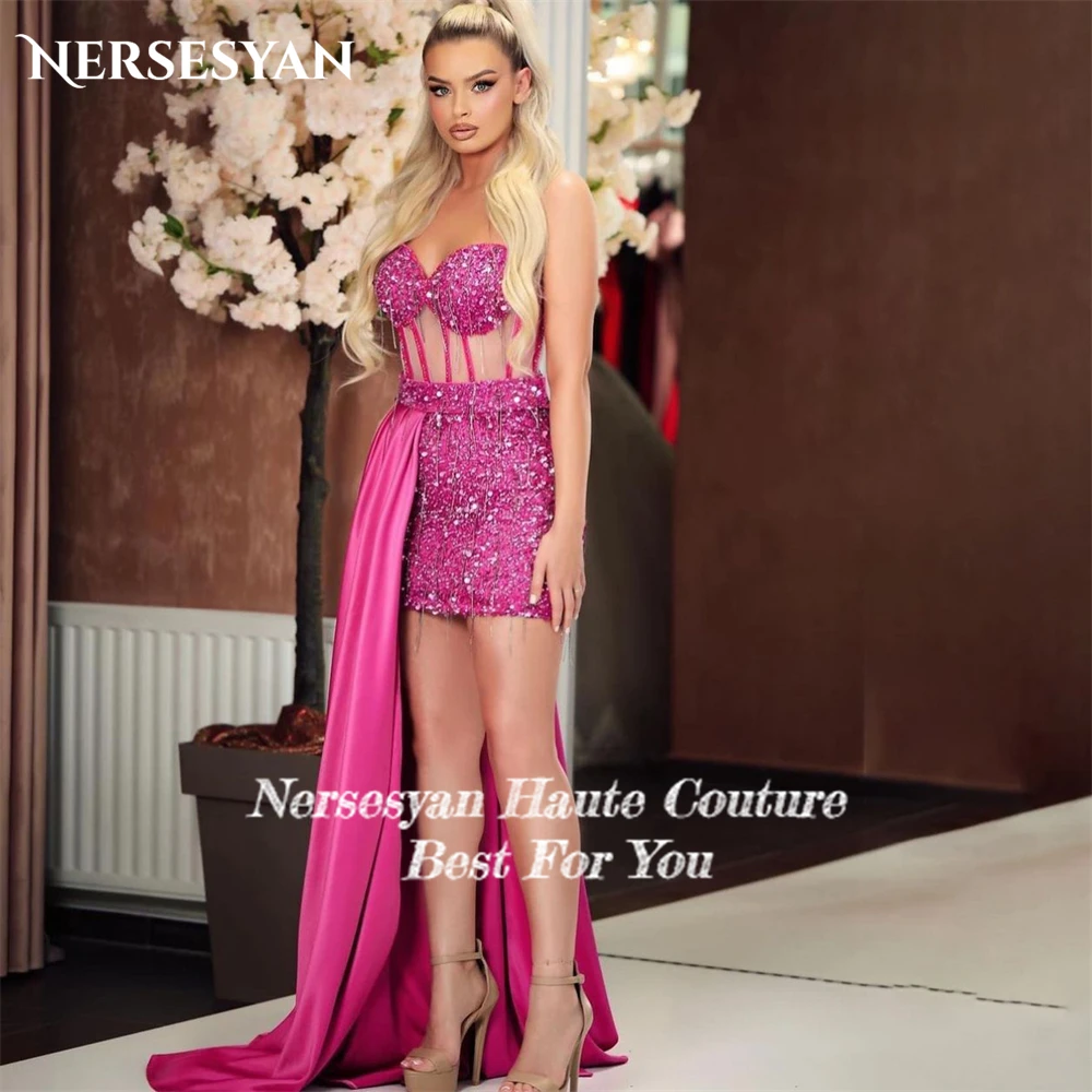 Nersesyan Sexy Hitpink Glitter Cocktail Party Gowns Off Shoulder Sparkly Beadings Tassel Evening Dress Luxury Prom Dress 2024