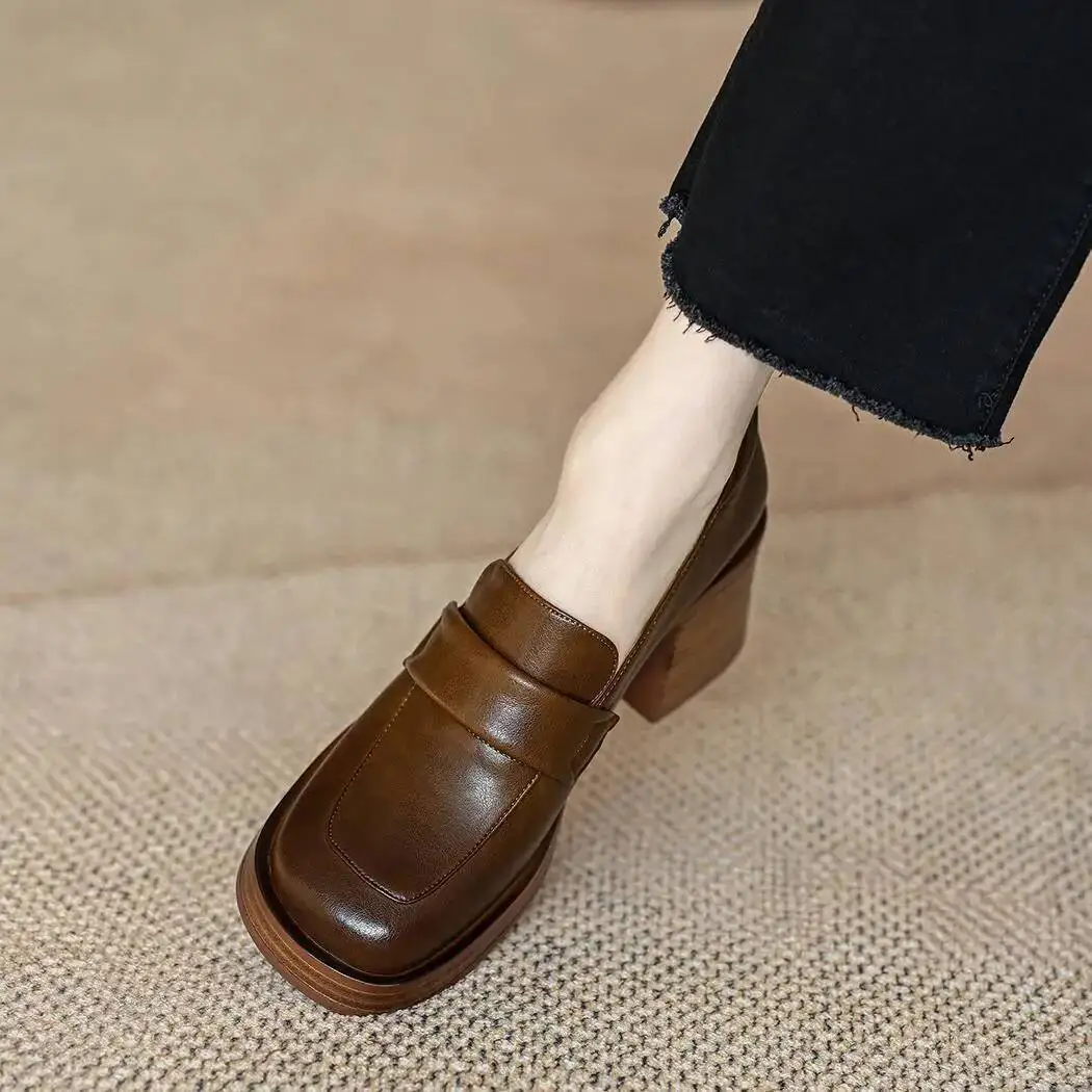 Women's Mid Heel Shoes 2025 New Leather Chunky Heel Loafers Thick-Soled French Minimalist Square Toe High Heel Office Shoes view 3