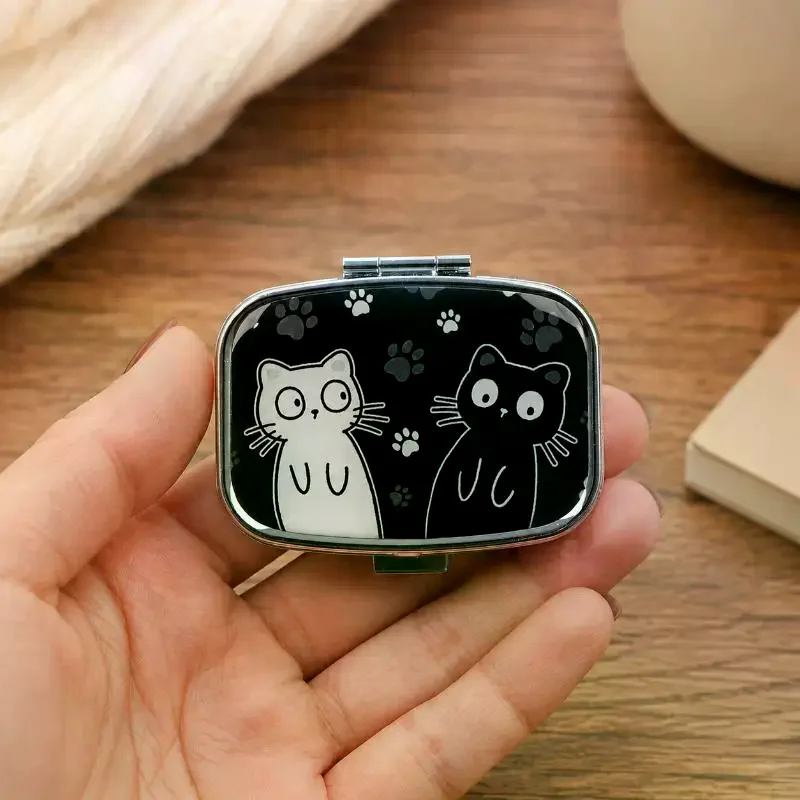 Black & White Cat Travel Pill Organizer Pocket Portable Pill Storage Case Small Box For Tablets Container For Medicines Cartoon
