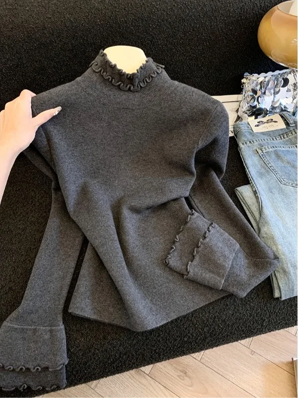 French Style Knitted Long Sleeve Sweater Women's High Collar Slim Fit Overhead Base Shirt Autumn Winter Fashion Design Bell B... view 3