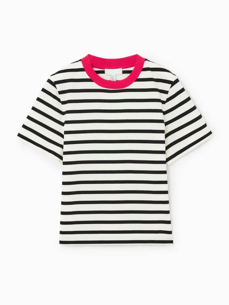 Summer Women\'s T-shirt Black White Stripe O Neck Shirts Top Short Sleeve Lady Stretch Knit Fashion Casual Cotton Tees for Women