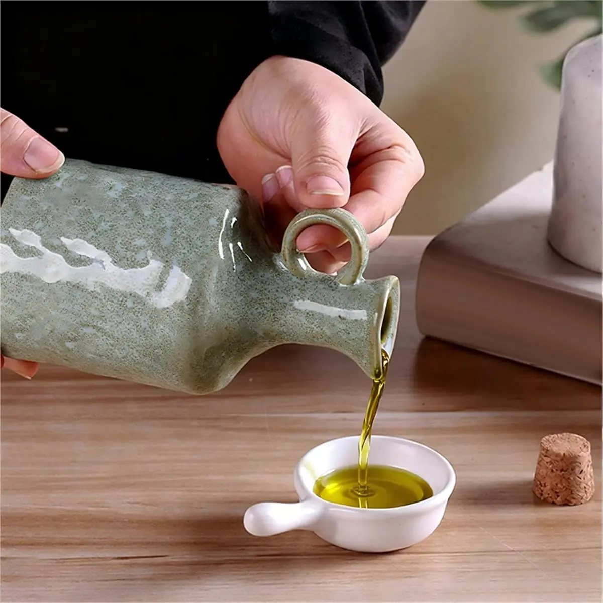 Green Ceramic Olive Oil Dispenser Bottle with Cork Stopper 13.5Oz Reactive Glaze Texture Oil Bottle, Leak Proof Spout