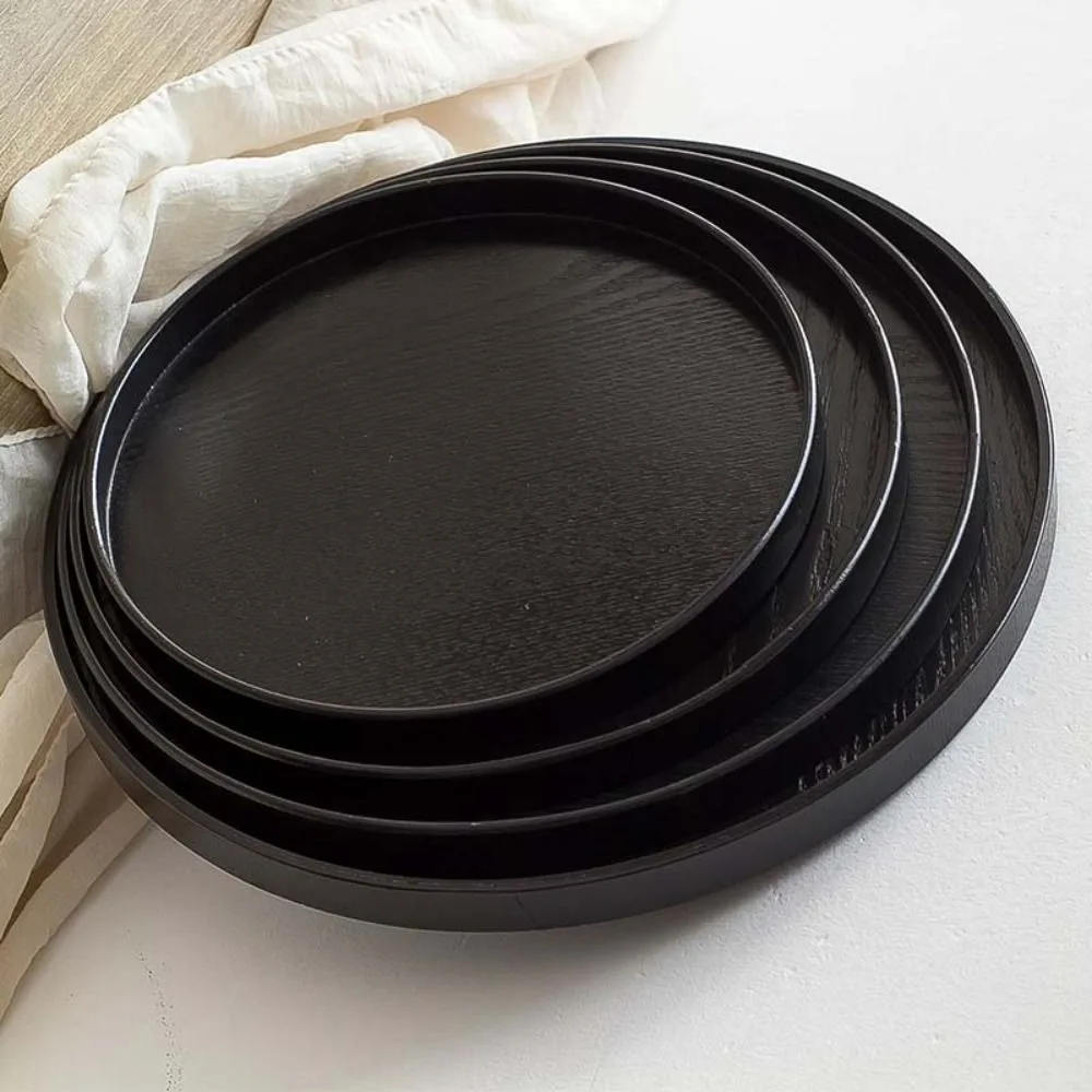 Kitchen Accessories Round Serving Tray Wood Black Tea Tray Japanese Food Plate Hotel