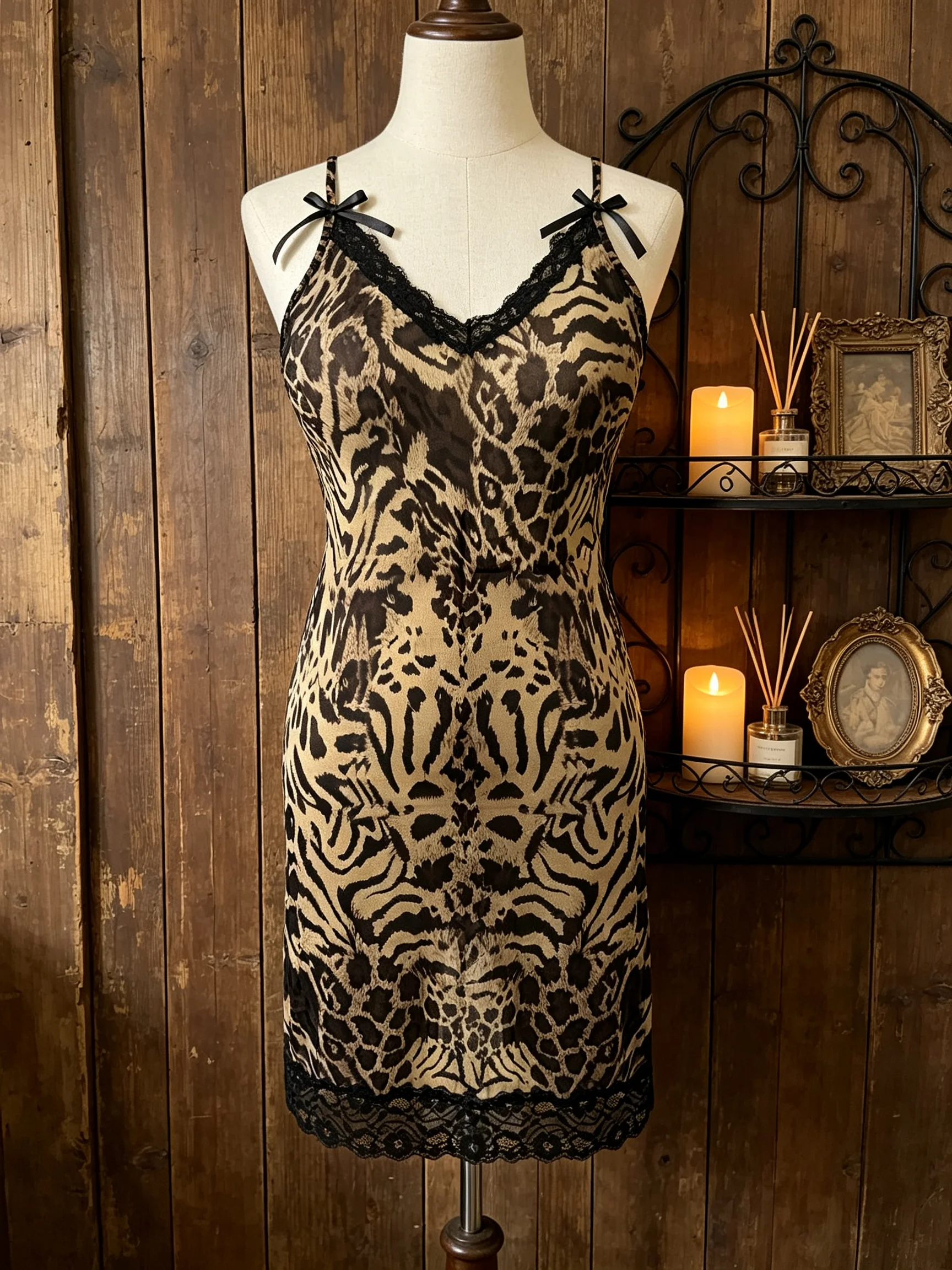 Women Leopard Print Slip Nightdress Semi Sheer No Padding V Neck Lace Trim Bow Adjustable Strap Mini Sexy Sleep Dress Ladies Int