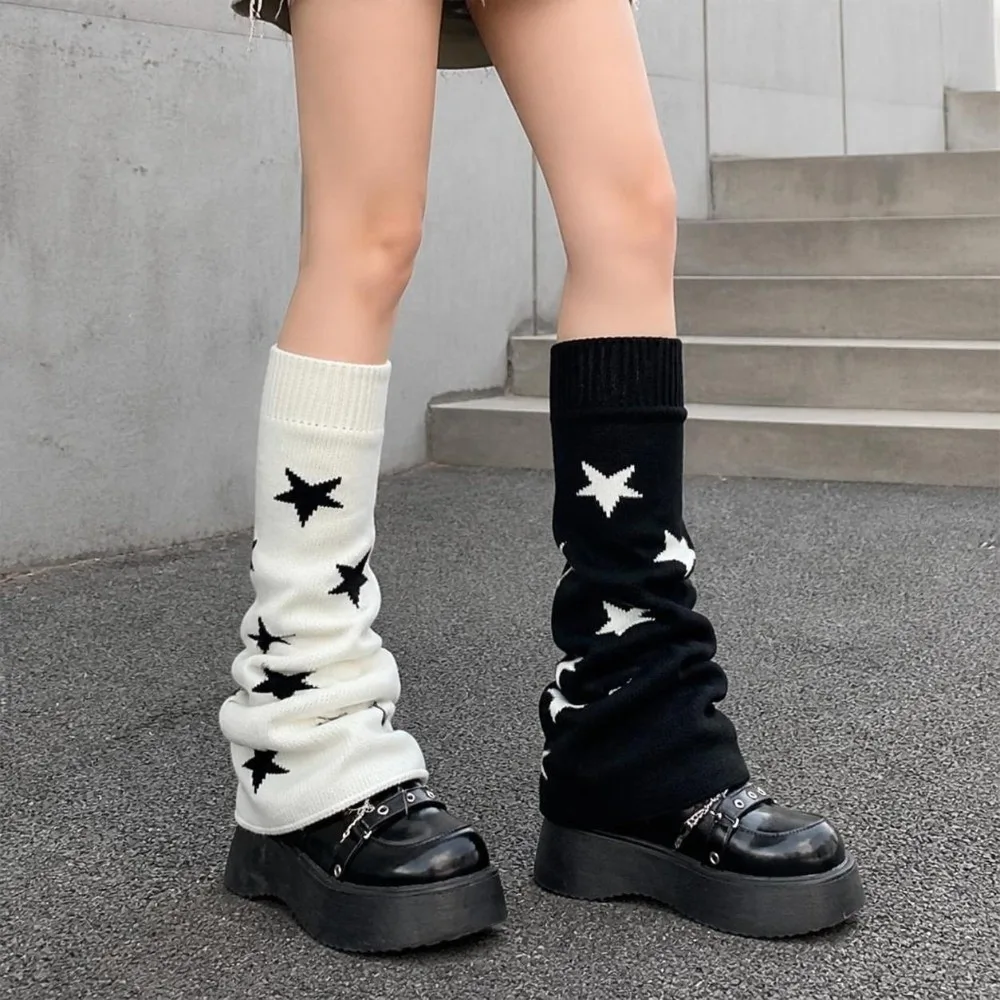 Asymmetric Knit Leg Warmers Double-sided Stretch Knitted Slouch Boot Cuffs Five-Point Star Pattern Stacked Fit Wide Leg Warmers