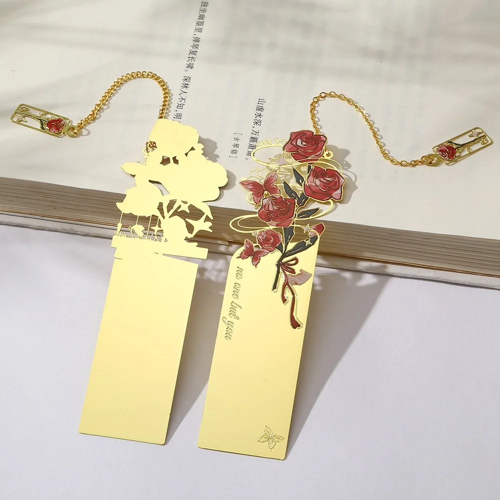 Retro Rose Series Metal Hollow Bookmark 3D Creative Tassel Bookmark Clip Student Stationery School Office Supply Blessing Gift