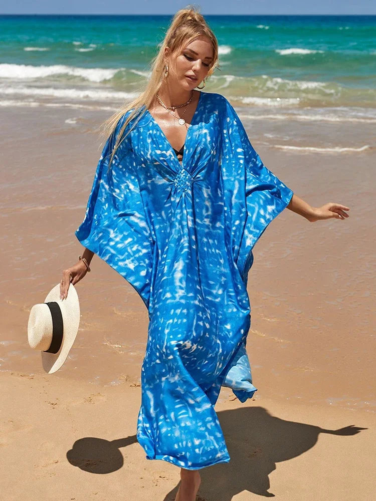 Vestido maxi boêmio estampado, tamanho para encobrir, moda praia longa, túnica para maiô de verão, novo, 2022