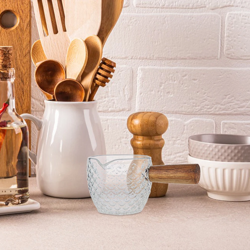 

Glass Milk Cup Cream Coffee Pitcher Small Handle Wooden Heat Resistant Clear Glass Syrup Container Multi Use Kitchen Bar