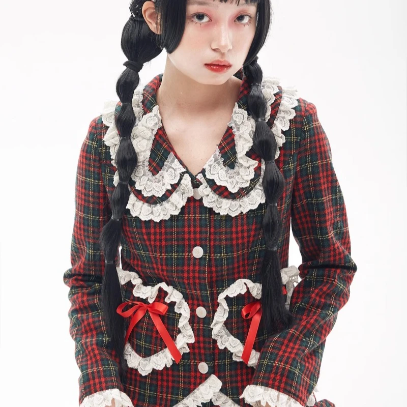 Original Design Japanese Blazer Retro Red Lolita Autumn And Winter Y2K Thin Bow Ruffle Edge Cute Sweet Beautiful Women's Coat