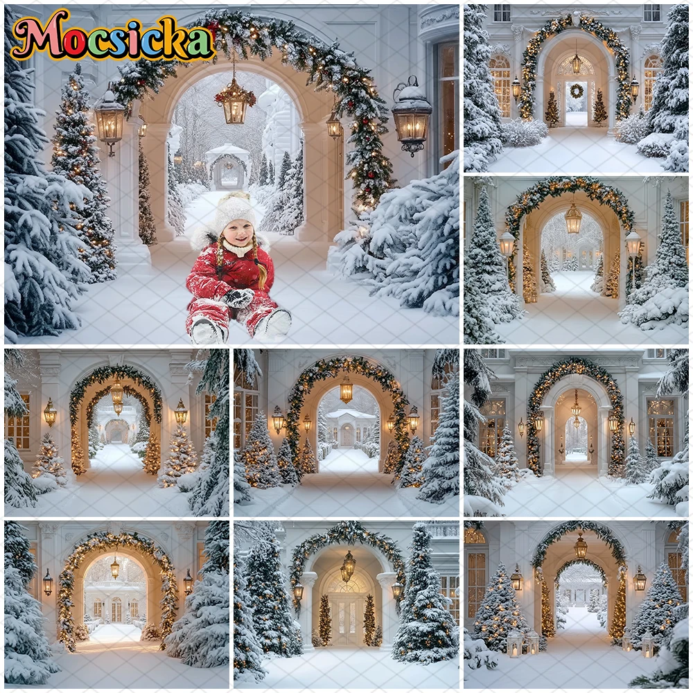 

Mocsicka Winter Photography Background Christmas Tree Door Snow Decorations New Year Party Adult Child Photo Backdrops Wallpaper