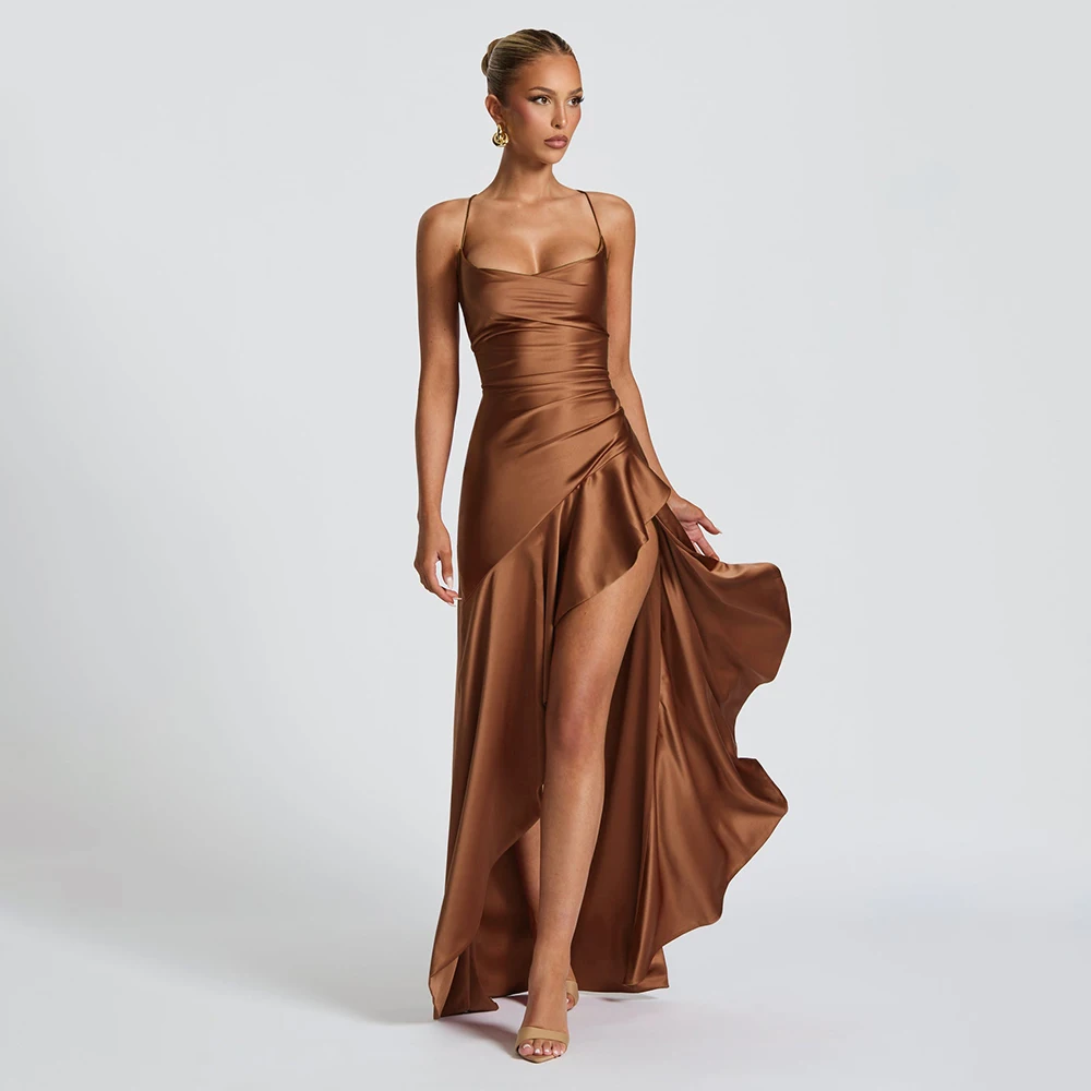 Summer New Style Elegant Satin Long Dress with Characterful Suspenders, Ruffles, and High Slit
