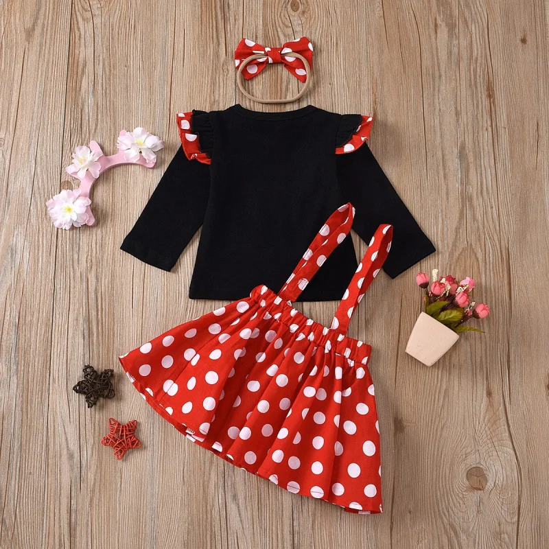 Baby Girls Clothes Set Cute Princess Kids Long Sleeve T-shirts+Cartoon Polka Dot Strap Pleated skirt+Headband Outfits Suit