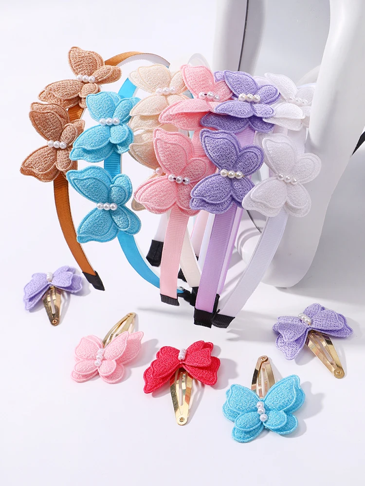 RAINBOW BOWS Girls Delicate Hair Band Hair Clips Set Solid Butterfly Imitation Pearl Hair Hoop BB Clip Nakrycia głowy Zestawy upominkowe — zdjęcie 2