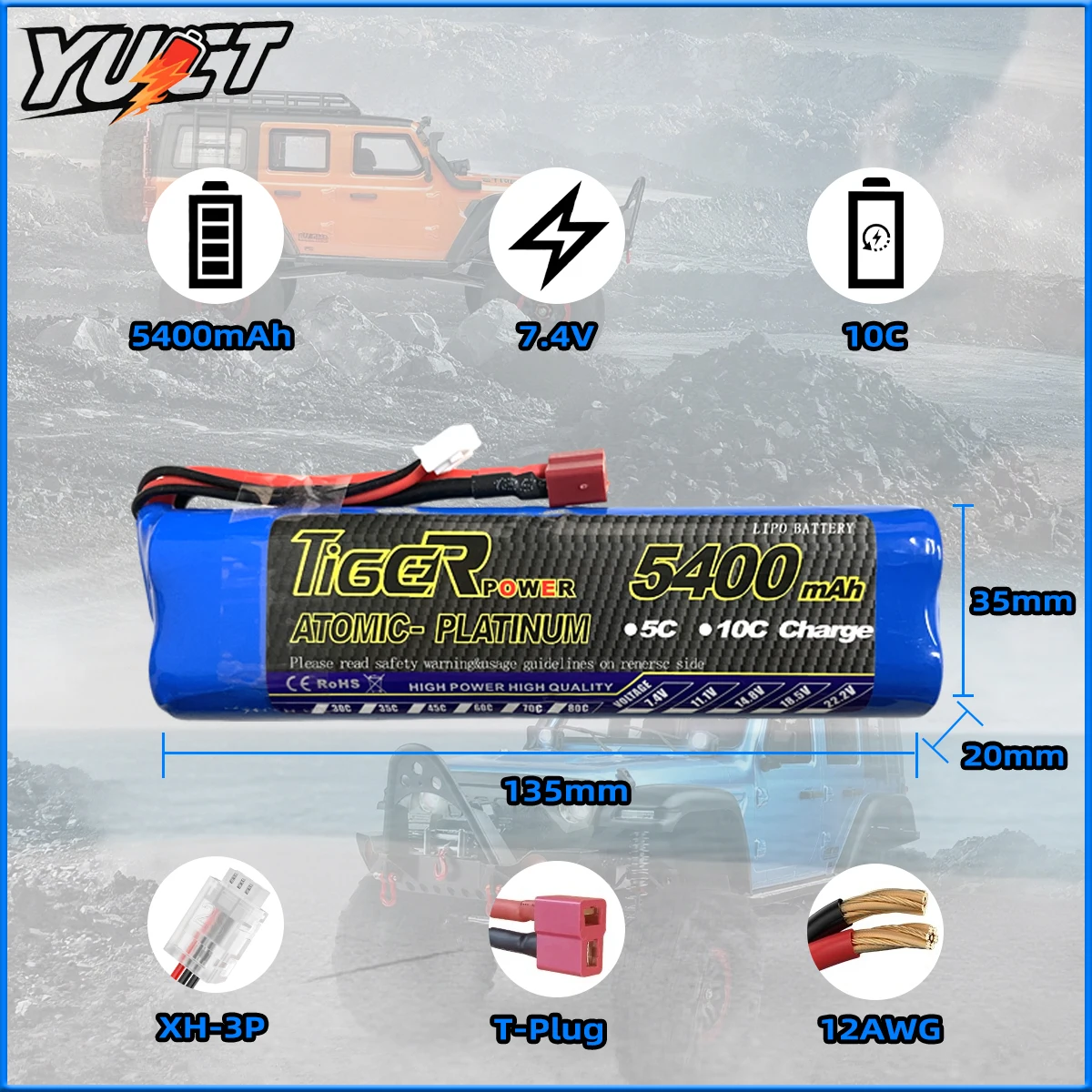WLtoys Upgrade 2S LiPo Battery 7.4V 5400mAh Rechargeable for 1/10 WLtoys 104006 104010 104020 104026 HB R1011 R1014 RC Car Parts