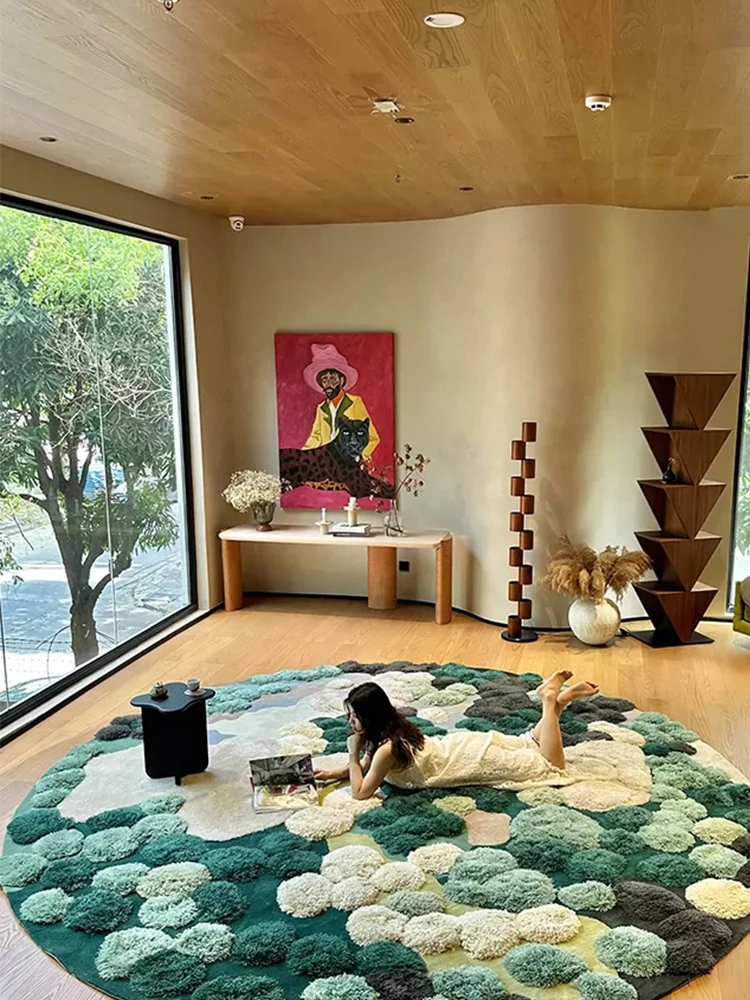 Vintage Dark Color Moss Round Carpet Handmdade Thick Round Floor Rug Wool Soft Bedside Thick Mat Girl Bedroom Cloakroom Rugs