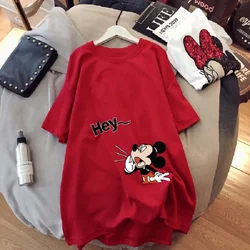 Camiseta de Mickey Mouse de Disney para niña, camiseta de manga corta informal holgada de longitud media con estampado de dibujos animados de Mickey, Top de cuello redondo