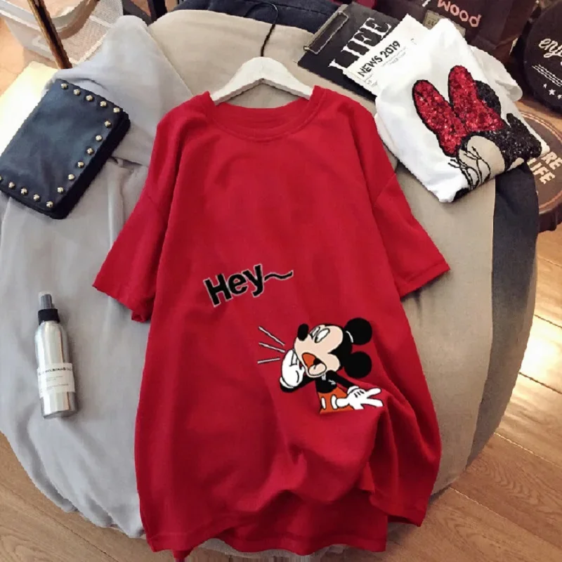 Disney Mickey Mouse T-shirt Girl Trend Mid-Length Loose Casual Short-Sleeved Cartoon Mickey Print T-shirt Round Neck Top