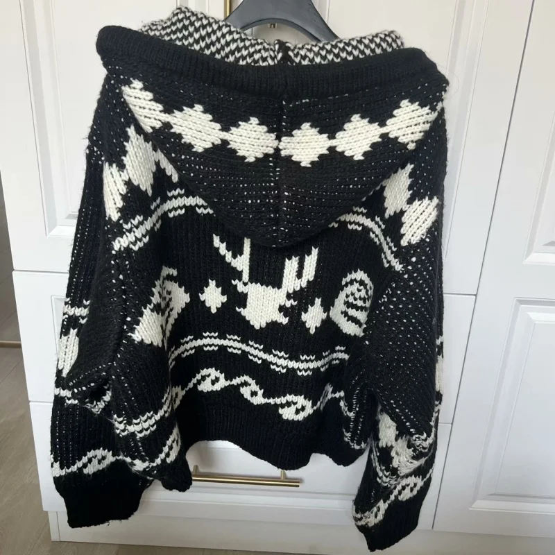 Men Women Black OPEN YY Sweater Hook Flower Deer Rose Cardigan Zipper Hooded Jacket Loose Casual Knitted Pullover Top