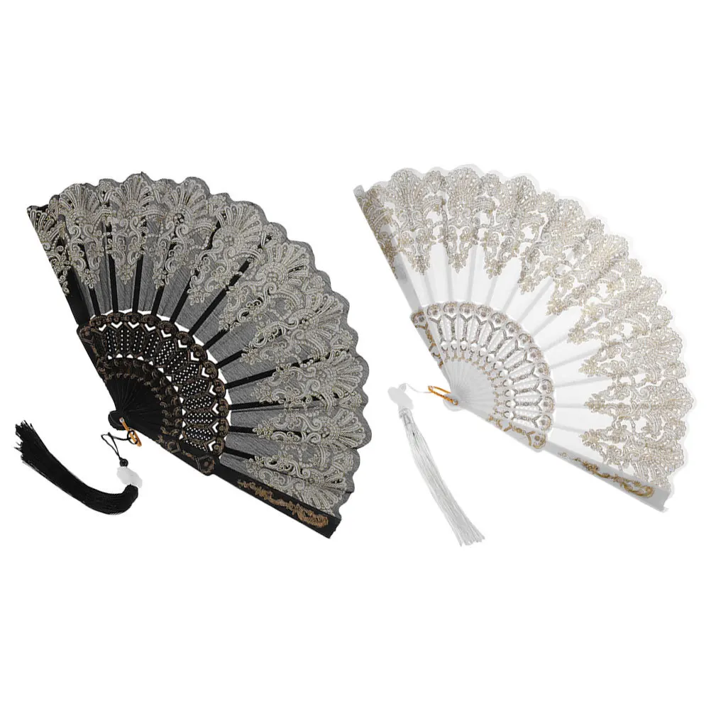 

2pcs Ancient Style Gold Foil Folding Hand Traditional Embroidery Portable Decorative Fan For Dance Wedding Performance Photo