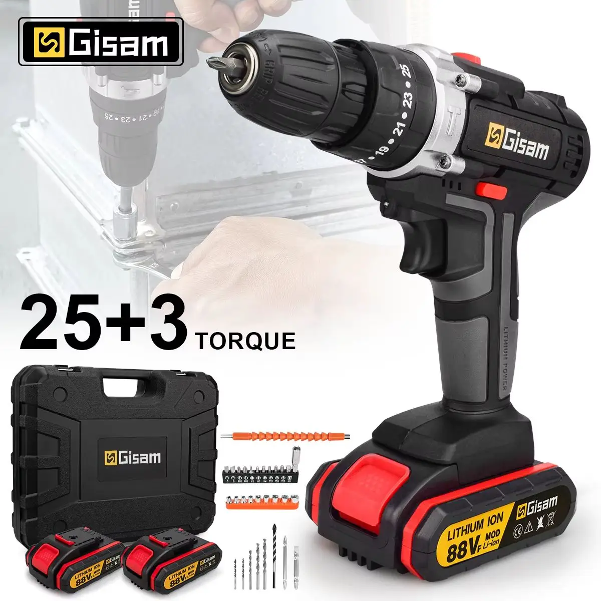Gisam 25+3 Drehmoment Elektrischer Schlagbohrschrauber Kabellos Multifunktionaler Bohrhammer 2-Gang Holz Metall Möbel Heimwerker DIY Holzbearbeitung Elektrowerkzeug für Makita 18V Akku