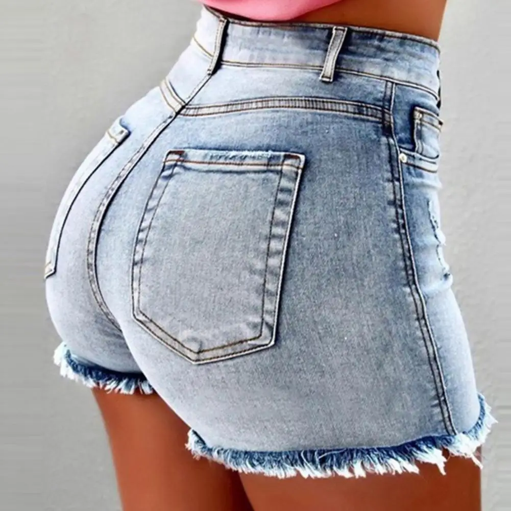 

Summer Women Shorts Slim Fit High Waist Butt-lifted Club Shorts Retro Washed Distressed Ripped Edge Lady Shorts With Pockets