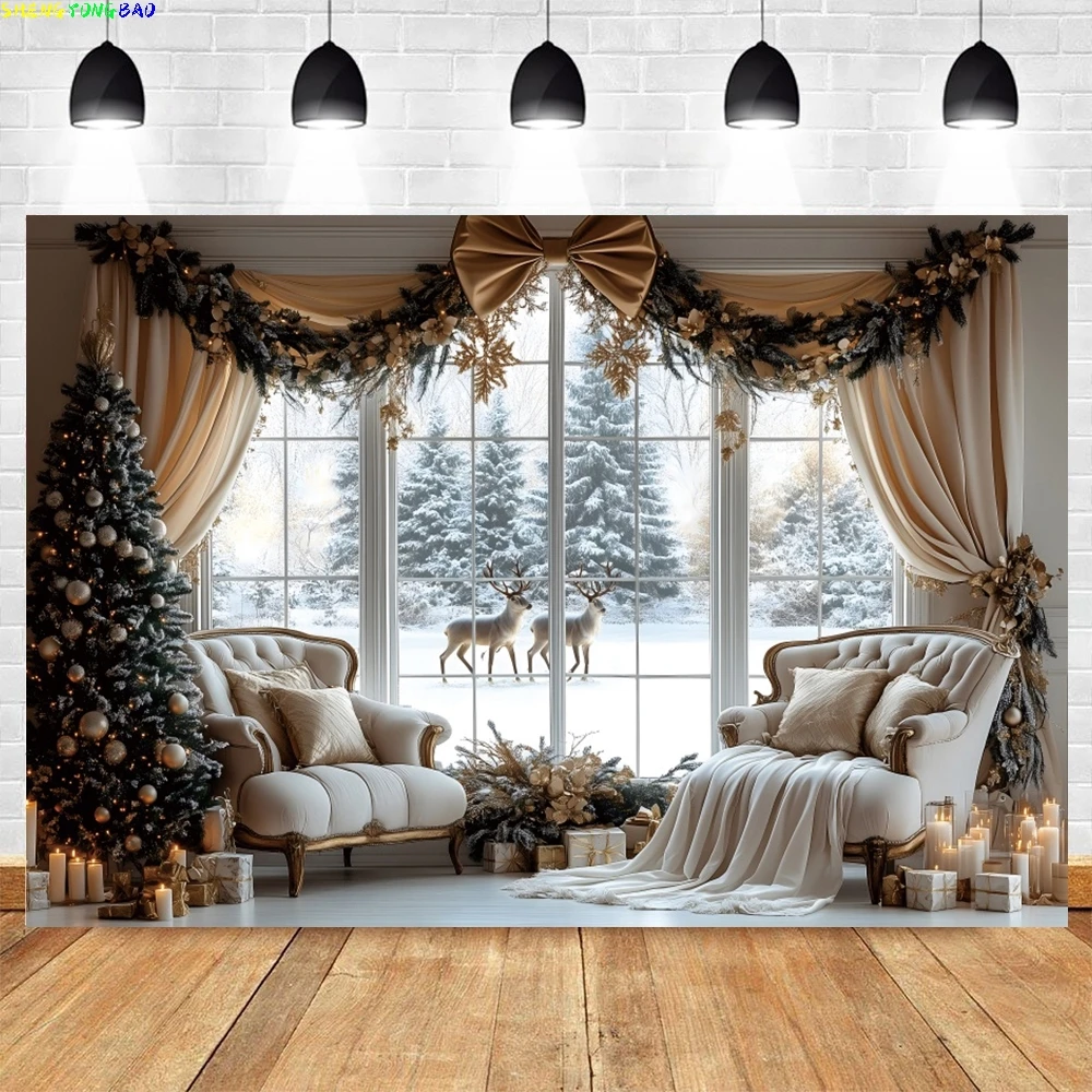 

Christmas Photography Backdrop Winter Window Snow Gold Glitter Elk Deer Xmas Tree Wreath Family Portrait Photo Background Decor