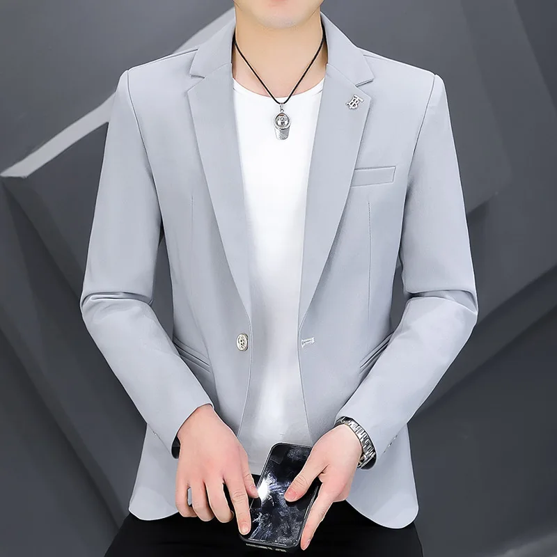 

Slim Fit Youthful Men's Suit Trendy Korean Sle Spring Autumn Outerwear Casual Long Sve irt One Button Notch Lapel
