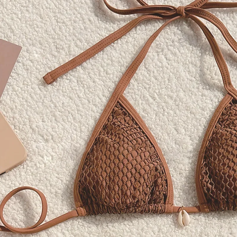 Sexy Brown Mesh Swimsuit Cover Ups Women Triangle String Micro Bikini Thong Halter Swimwear Bathing Suit 3 Piece Bikini Set 2026