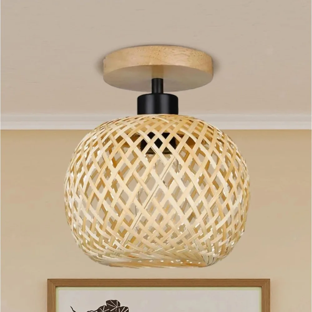 Rustic Bamboo Ceiling Light Flush Mount Lampshade Hand Woven Indoor Light Fixtures  Ceiling Lamp for Living Room Dining Room