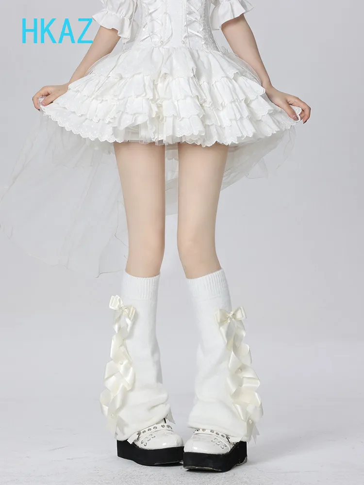 Original Sweet Lolita Japanese Bow Wide-leg Socks Cover Jk Cute Girl Satin Cross Ribbon Leg Warmers White Stacking Socks