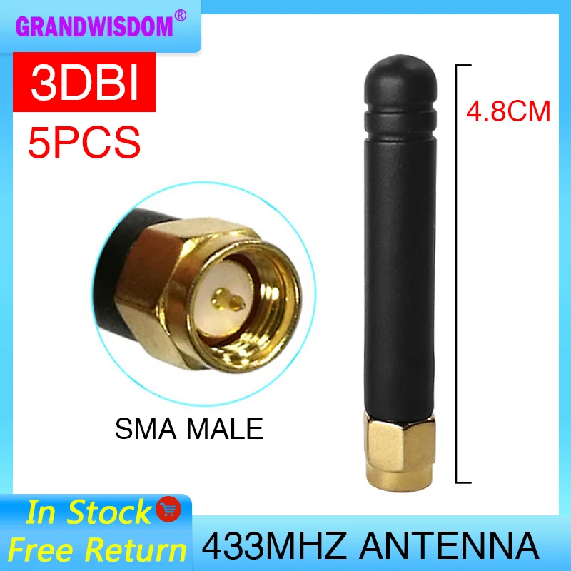 5 szt. antena 433MHz, wzmocnienie 3dBi, złącze SMA męskie, antena Lora 5cm, antena Lora Meshtastic, antena LoraWan, bramka Meshcore, ANTENA z kablem RG1.13