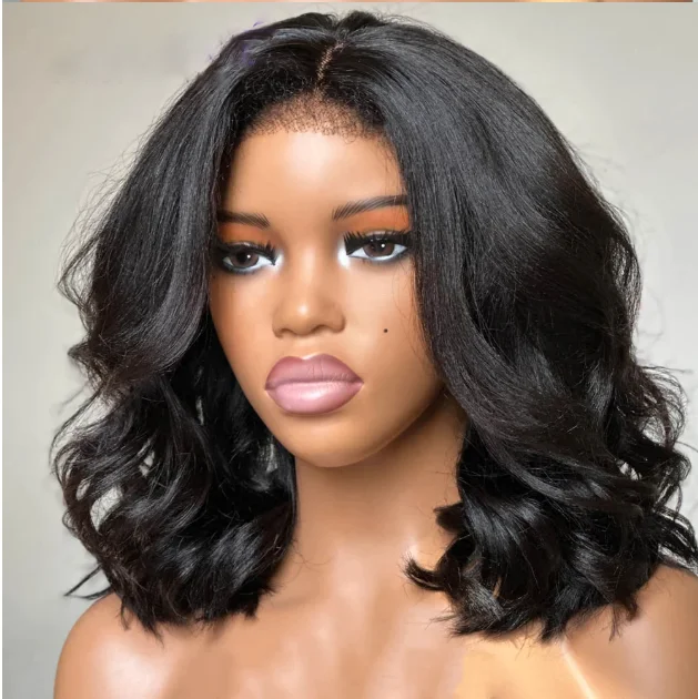 Short Bob Preplucked Soft Natural Black Yaki Kinky Straight Wave Deep Lace Front Wig For Women With Baby Hair Glueless Daily