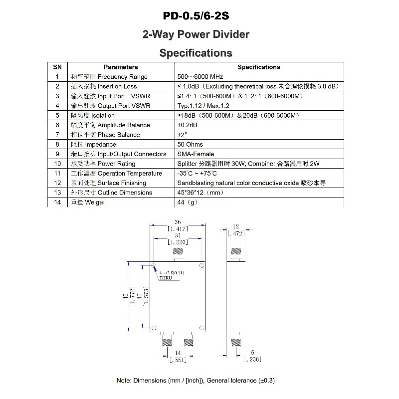 PD-0. 5/6-2S 0. 5-6GHz 30W SMA R-F 1/2 power Splitter Impedance 50 Ohms