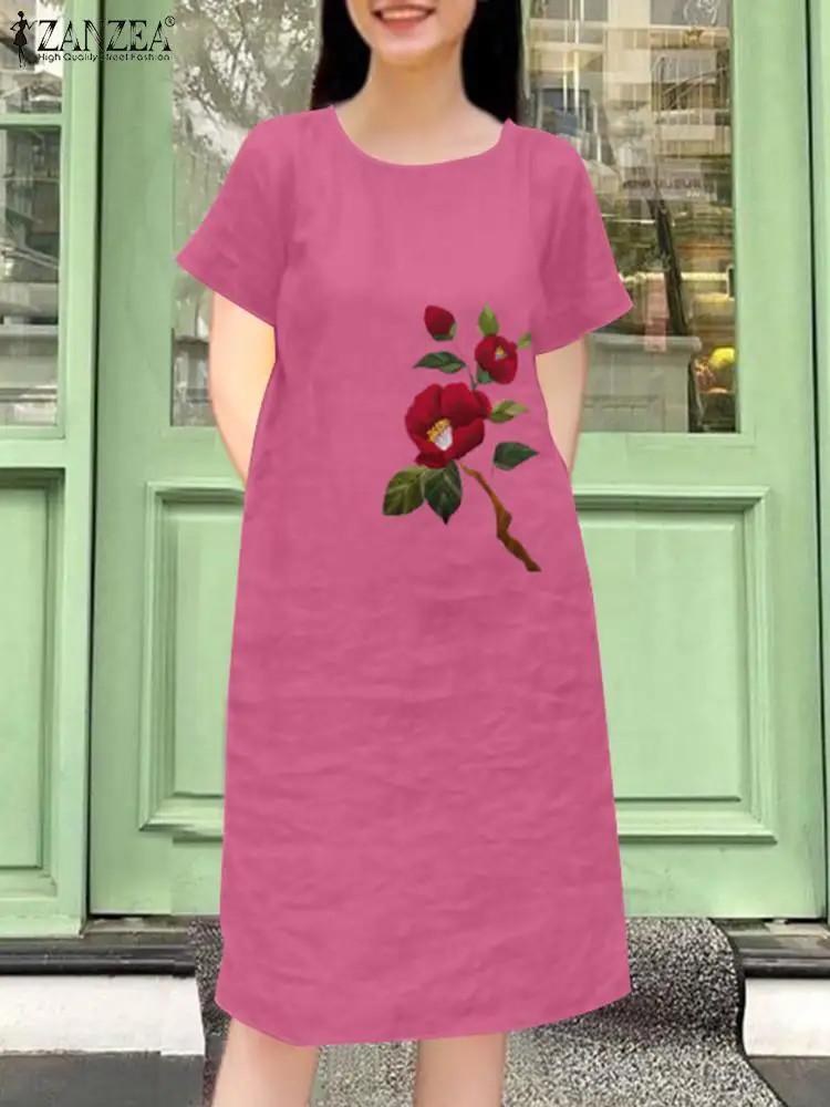 

Women Summer Embroidery Floral Sundress ZANZEA Vintage Dress Casual Short Sleeve Knee-length Robe Elegant Party Work Vestidos