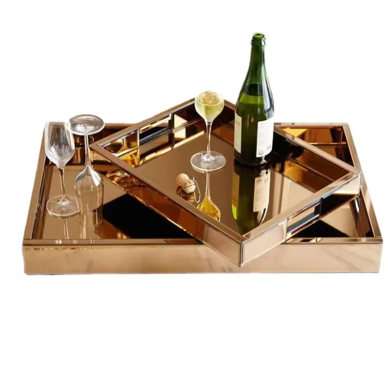 

Modern simplicity, rose gold rectangular glass mirror, countertop storage tray
