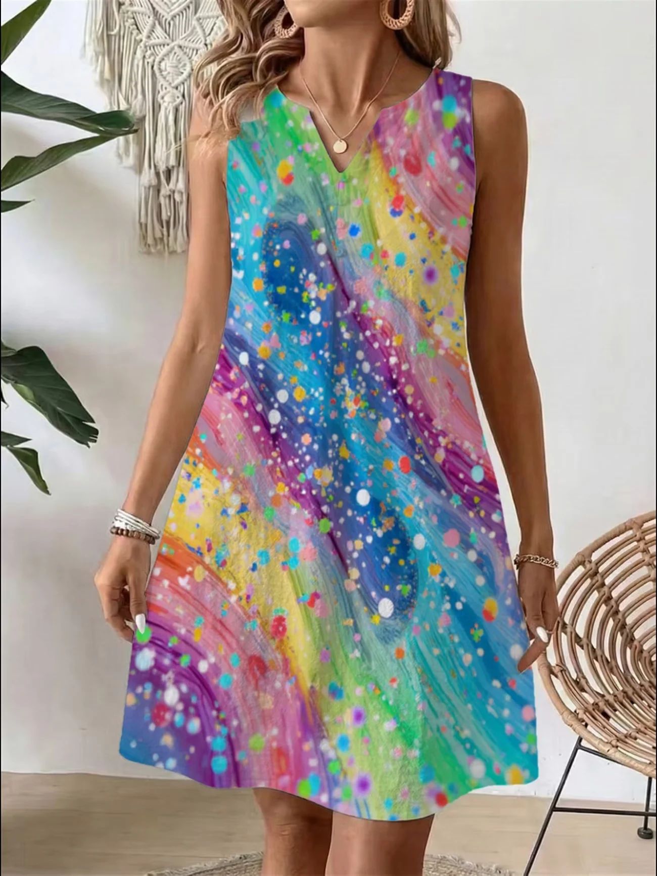 2026 Neues Sommer-Damenhemdkleid mit Vintage-Print, ärmellos, V-Ausschnitt, A-Linien-Kleid, lässiges Strandkleid