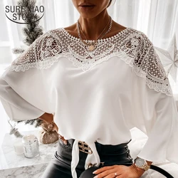 Spring Crochet Embroidery Lace Blouses Women Autumn Sexy Lace Stitching White Shirts Vintage Elegant Ladies Tops Blusas 12459