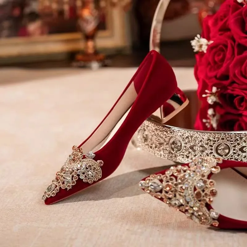 

Женские свадебные туфли в китайском стиле 2025, высококачественные туфли со стразами, свадебные туфли на блочном каблуке
