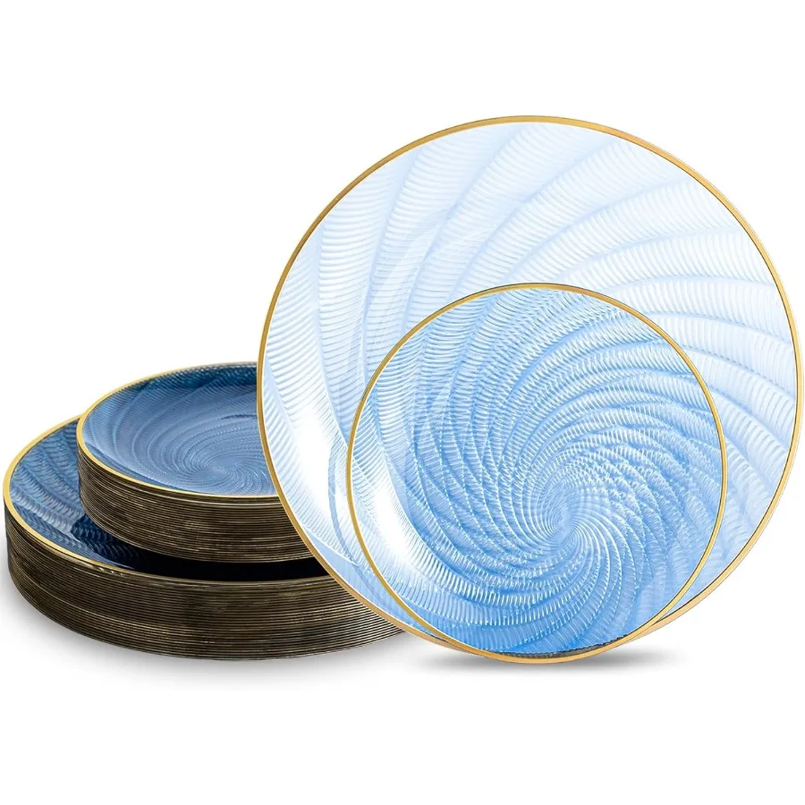 

60PCS Translucent Blue Heavy Duty Disposable Plates with Gold Rim for Elegant Party Settings: 30 Dinner and 30 Dessert Plates F