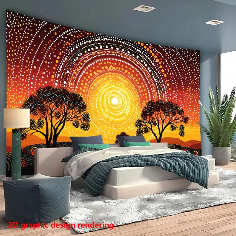 Aboriginal Art Dot Painting Sunset Trees Landscape 2D Flat Tapestry Backdrop For Boho Living Room Decor Indigenous Wall Hanging