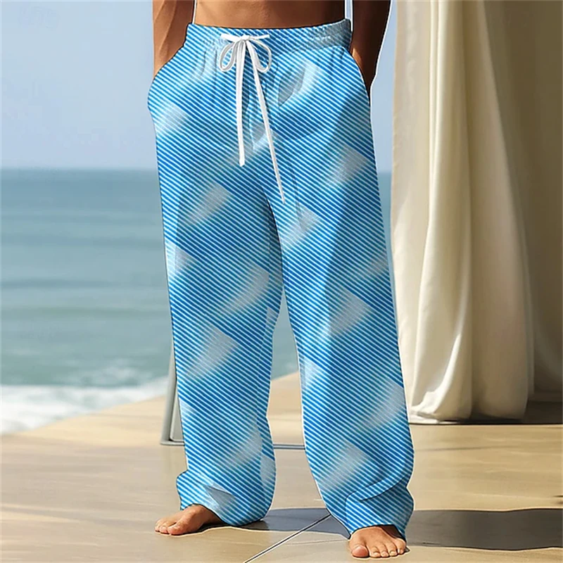 Men's Relaxed-Fit Trendy Striped Drawstring Pants Casual Sports Pants Lightweight Wide-Leg Pants for Outdoor Vacations