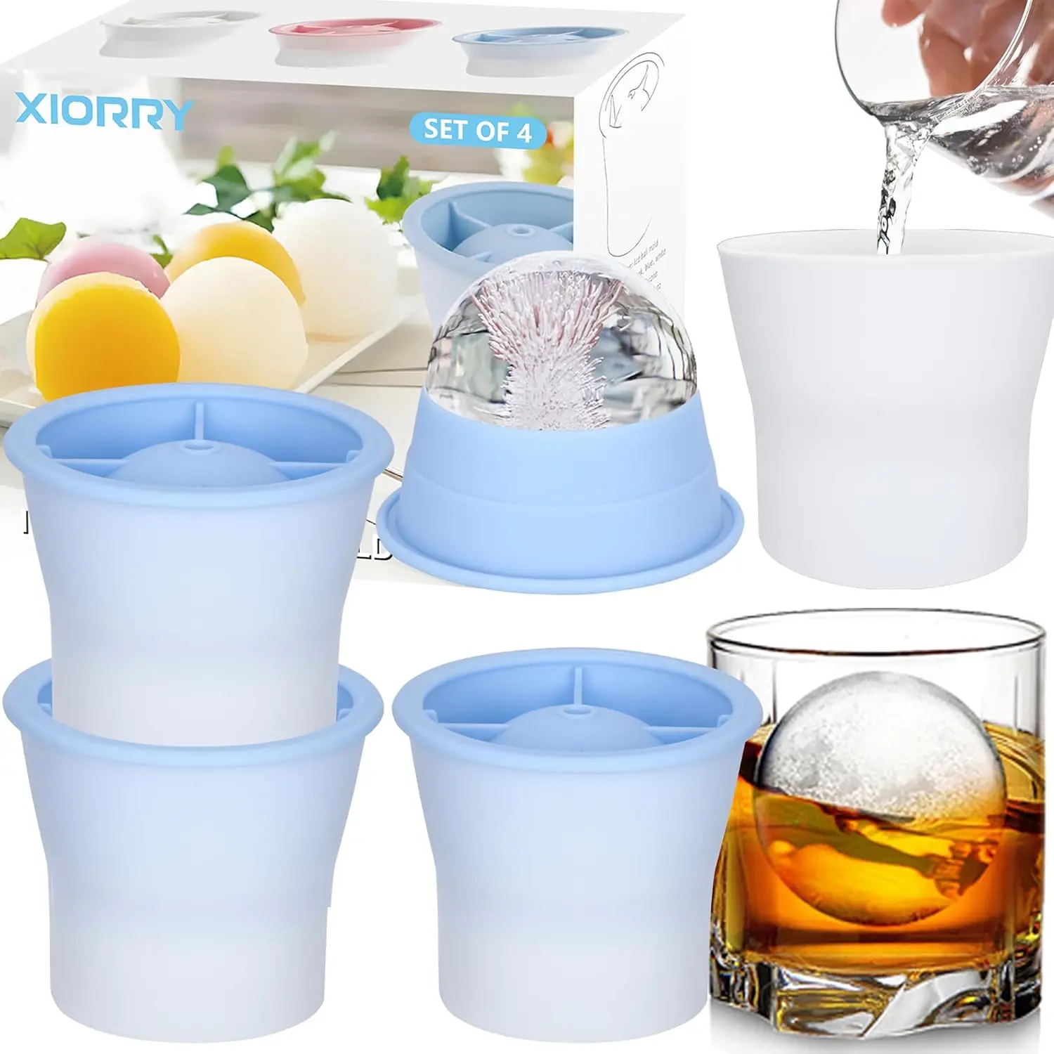 

Upgrade Silicone Sphere Ice Mold 4 PCS, Stackable Easy Release Circle Ice Cube Maker with Lids for Whiskey Cocktails Drinks